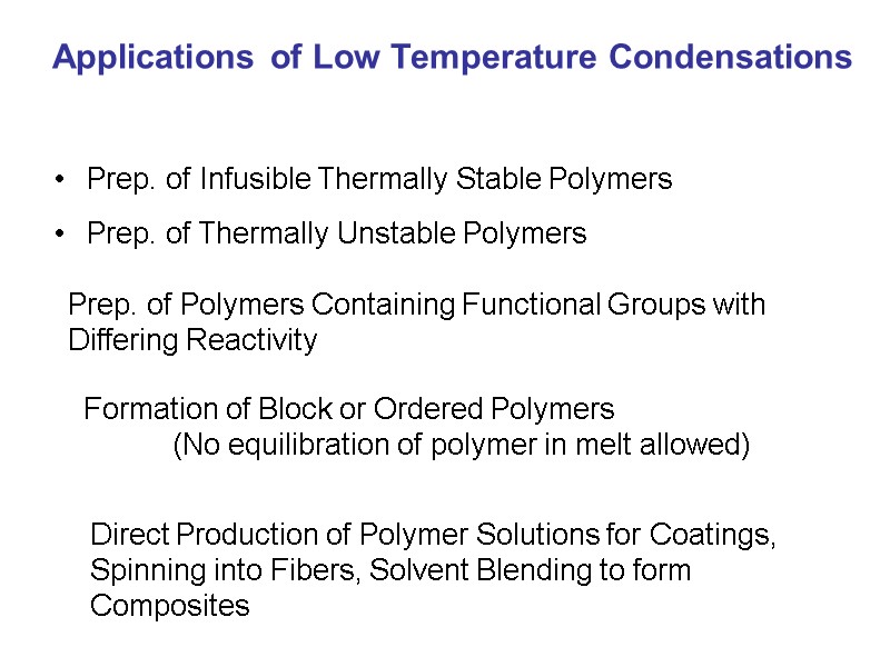 Applications of Low Temperature Condensations Prep. of Infusible Thermally Stable Polymers Prep. of Thermally